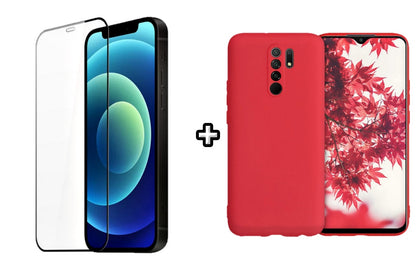 Set Husa Silicon plus Folie din silicon transparenta compatibila cu Xiaomi Redmi 9, rosie, protectie 360