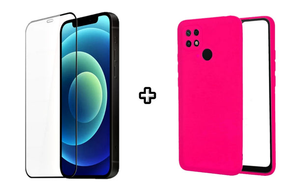 Set Husa Silicon plus Folie din silicon transparenta compatibila cu OPPO A15, roz neon, protectie 360