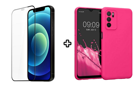 Set Husa Silicon plus Folie din silicon transparenta compatibila cu OPPO A16, roz neon, protectie 360