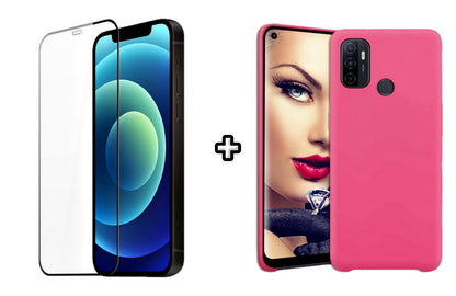 Set Husa Silicon plus Folie din silicon transparenta compatibila cu OPPO A53, roz neon, protectie 360