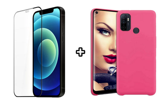 Set Husa Silicon plus Folie din silicon transparenta compatibila cu OPPO A53, roz neon, protectie 360