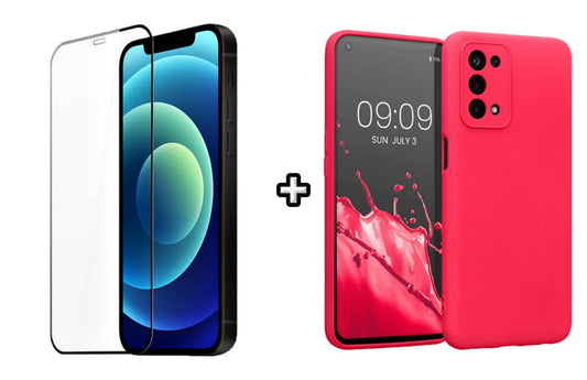 Set Husa Silicon plus Folie din silicon transparenta compatibila cu OPPO A54 4G, roz neon, protectie 360