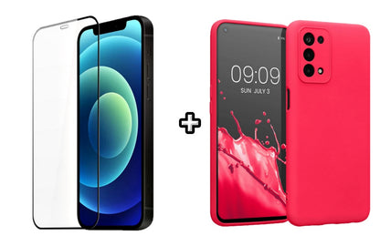Set Husa Silicon plus Folie din silicon transparenta compatibila cu OPPO A92, roz neon, protectie 360