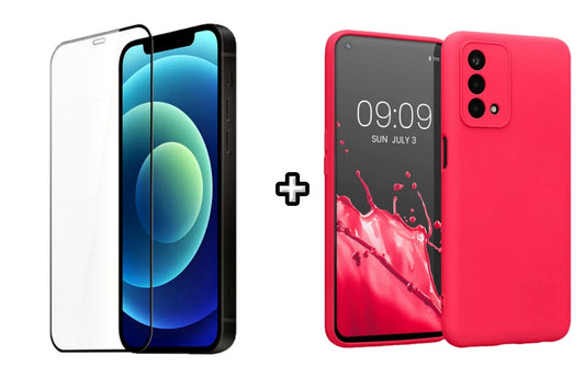 Set Husa Silicon plus Folie din silicon transparenta compatibila cu OPPO A74 4G, roz neon, protectie 360