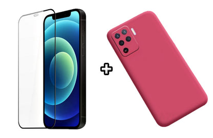 Set Husa Silicon plus Folie din silicon transparenta compatibila cu OPPO Reno5 Lite, roz neon, protectie 360