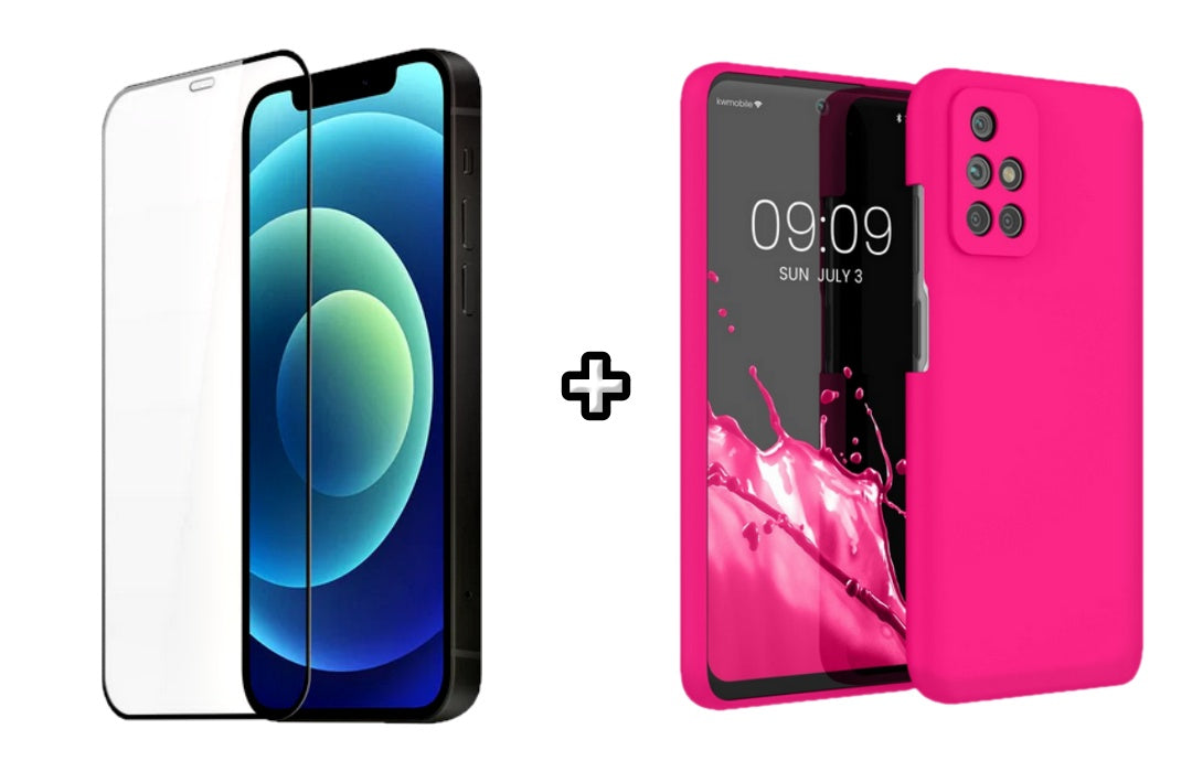 Set Husa Silicon plus Folie din silicon transparenta compatibila cu Xiaomi Redmi 10, roz neon, protectie 360