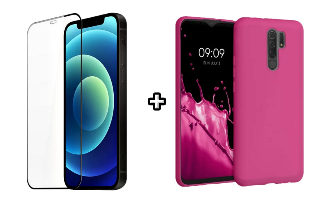 Set Husa Silicon plus Folie din silicon transparenta compatibila cu Xiaomi Redmi 9, roz neon, protectie 360