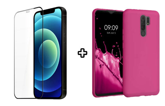Set Husa Silicon plus Folie din silicon transparenta compatibila cu Xiaomi Redmi 9, roz neon, protectie 360