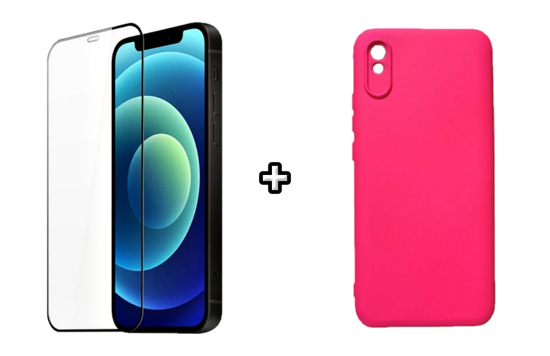 Set Husa Silicon plus Folie din silicon transparenta compatibila cu Xiaomi Redmi 9A, roz neon, protectie 360