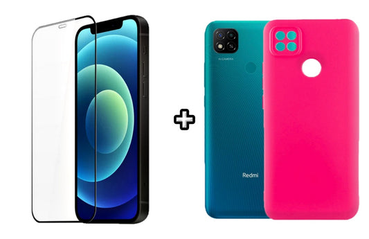 Set Husa Silicon plus Folie din silicon transparenta compatibila cu Xiaomi Redmi 9C, roz neon, protectie 360