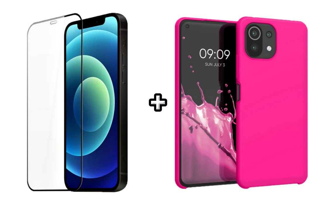Set Husa Silicon plus Folie din silicon transparenta compatibila cu Xiaomi Mi 11 Lite, roz neon, protectie 360