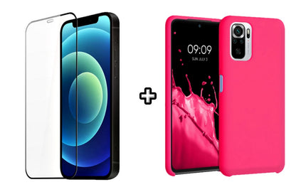 Set Husa Silicon plus Folie din silicon transparenta compatibila cu Xiaomi Redmi Note 10s, roz neon, protectie 360