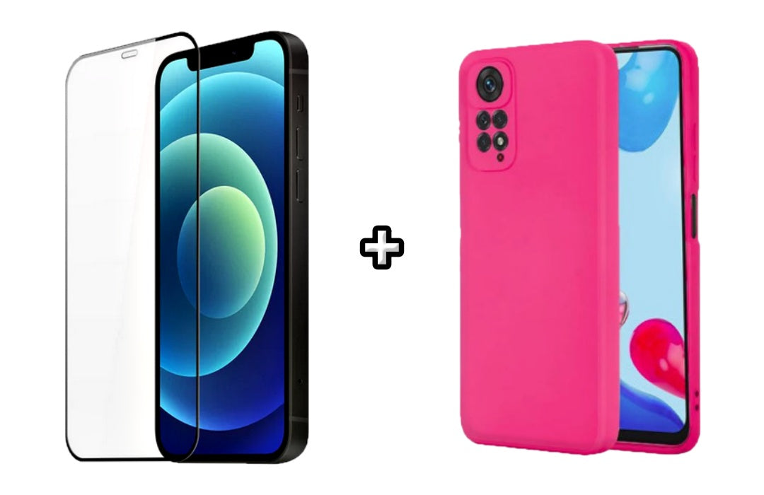 Set Husa Silicon plus Folie din silicon transparenta compatibila cu Xiaomi Redmi Note 11 Pro, roz neon, protectie 360