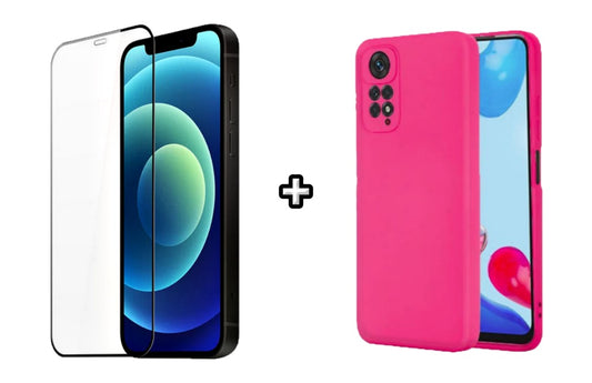 Set Husa Silicon plus Folie din silicon transparenta compatibila cu Xiaomi Redmi Note 11 Pro, roz neon, protectie 360
