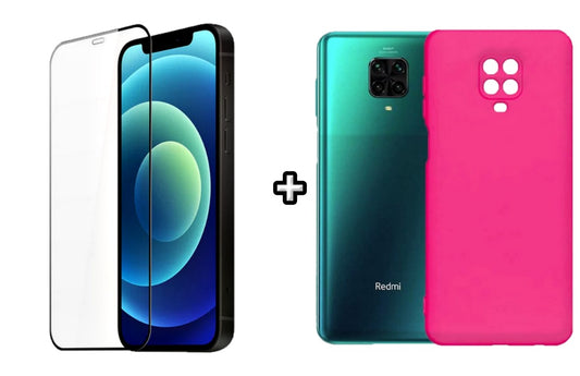 Set Husa Silicon plus Folie din silicon transparenta compatibila cu Xiaomi Redmi Note 9 Pro, roz neon, protectie 360