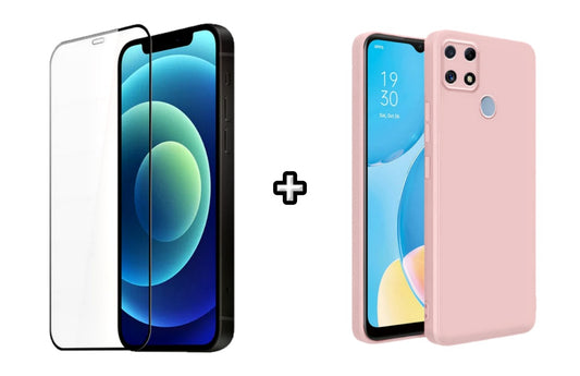 Set Husa Silicon plus Folie din silicon transparenta compatibila cu OPPO A15, roz pudra, protectie 360
