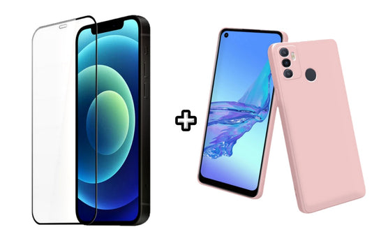Set Husa Silicon plus Folie din silicon transparenta compatibila cu OPPO A53, roz pudra, protectie 360