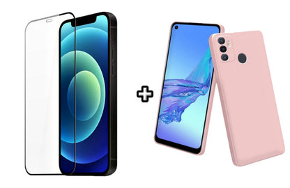 Set Husa Silicon plus Folie din silicon transparenta compatibila cu OPPO A33 4G, roz pudra, protectie 360