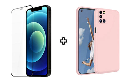 Set Husa Silicon plus Folie din silicon transparenta compatibila cu OPPO A92, roz pudra, protectie 360