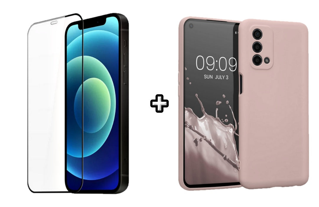 Set Husa Silicon plus Folie din silicon transparenta compatibila cu OPPO A74 4G, roz pudra, protectie 360
