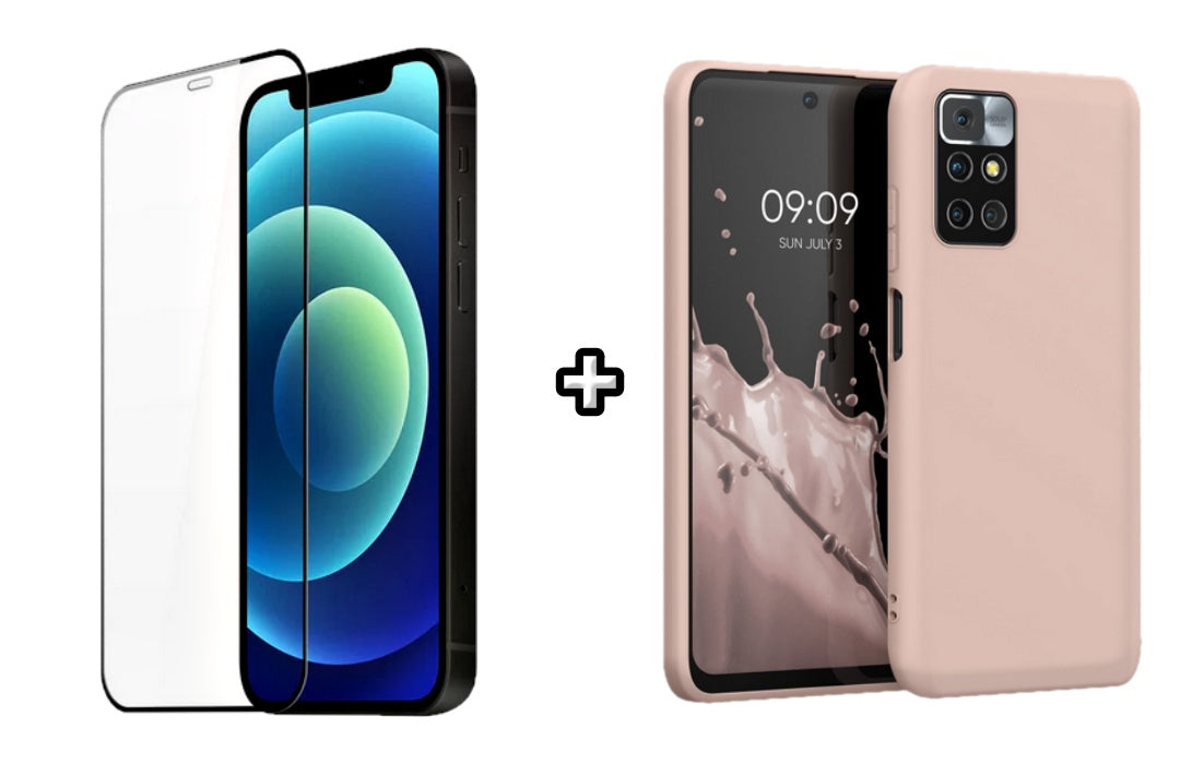 Set Husa Silicon plus Folie din silicon transparenta compatibila cu Xiaomi Redmi 10, roz pudra, protectie 360