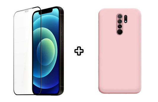 Set Husa Silicon plus Folie din silicon transparenta compatibila cu Xiaomi Redmi 9, roz pudra, protectie 360