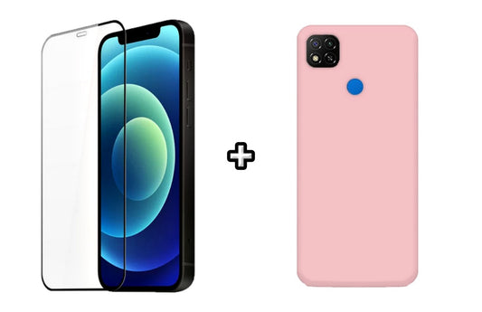 Set Husa Silicon plus Folie din silicon transparenta compatibila cu Xiaomi Redmi 9C, roz pudra, protectie 360