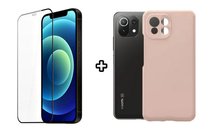 Set Husa Silicon plus Folie din silicon transparenta compatibila cu Xiaomi Mi 11 Lite, roz pudra, protectie 360