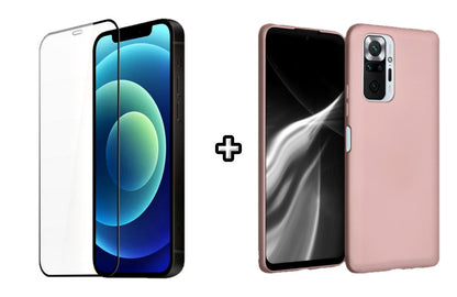 Set Husa Silicon plus Folie din silicon transparenta compatibila cu Xiaomi Redmi Note 10 Pro, roz pudra, protectie 360