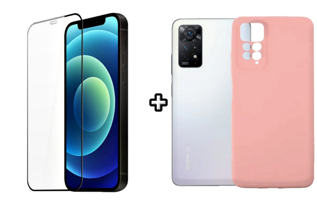 Set Husa Silicon plus Folie din silicon transparenta compatibila cu Xiaomi Redmi Note 11 Pro, roz pudra, protectie 360