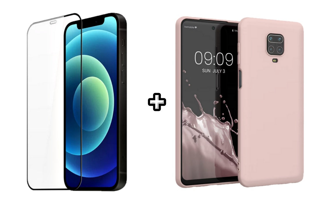 Set Husa Silicon plus Folie din silicon transparenta compatibila cu Xiaomi Redmi Note 9 Pro, roz pudra, protectie 360