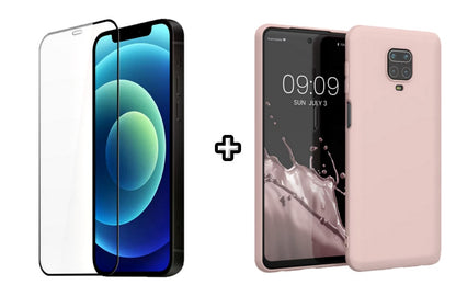 Set Husa Silicon plus Folie din silicon transparenta compatibila cu Xiaomi Redmi Note 9 Pro, roz pudra, protectie 360