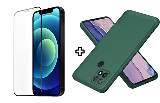 Set Husa Silicon plus Folie din silicon transparenta compatibila cu OPPO A15, verde inchis, protectie 360
