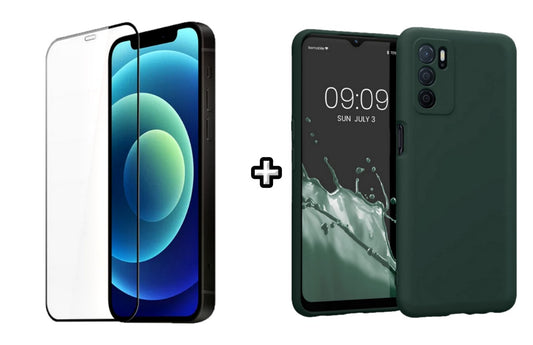 Set Husa Silicon plus Folie din silicon transparenta compatibila cu OPPO A16, verde inchis, protectie 360