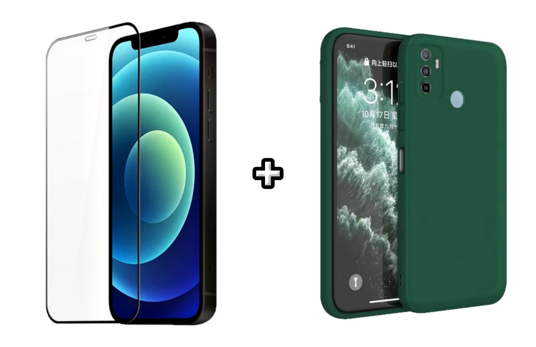 Set Husa Silicon plus Folie din silicon transparenta compatibila cu OPPO A53, verde inchis, protectie 360