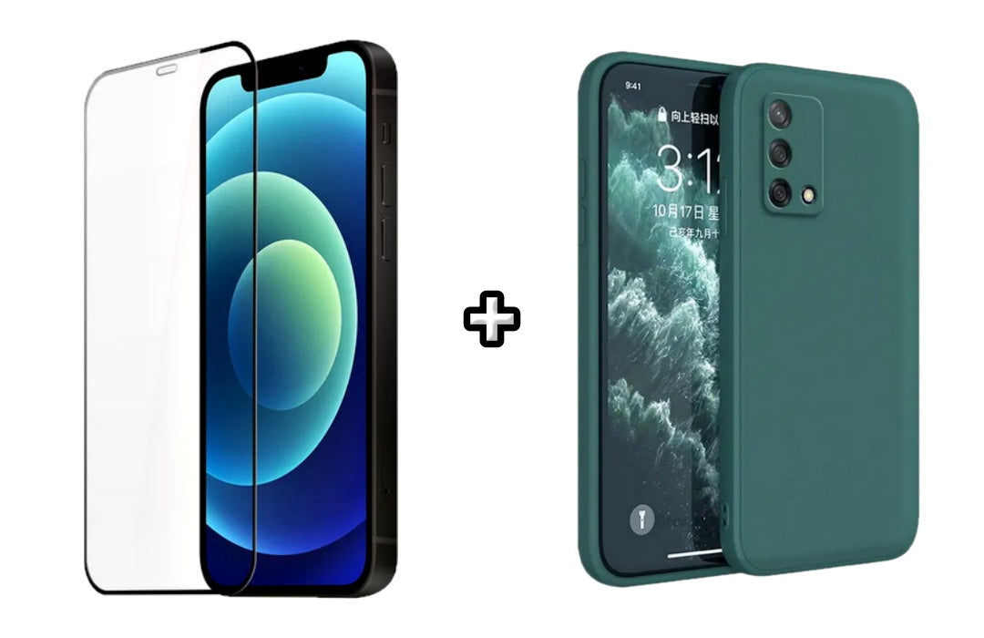Set Husa Silicon plus Folie din silicon transparenta compatibila cu OPPO A74 4G, verde inchis, protectie 360