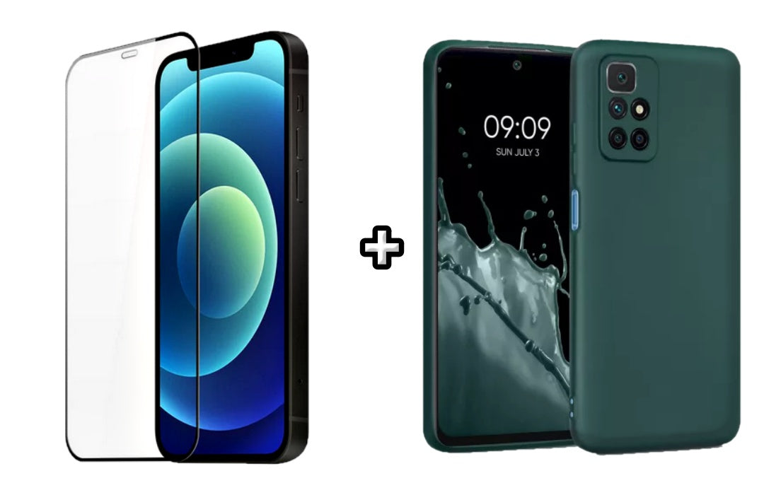 Set Husa Silicon plus Folie din silicon transparenta compatibila cu Xiaomi Redmi 10, verde inchis, protectie 360
