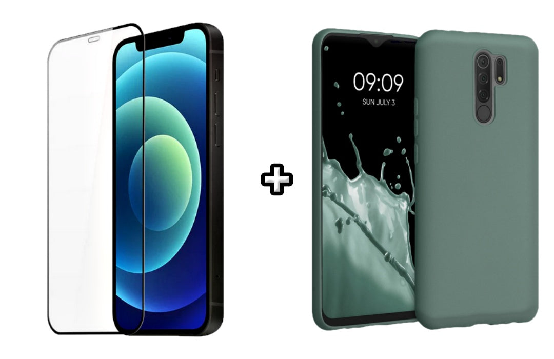 Set Husa Silicon plus Folie din silicon transparenta compatibila cu Xiaomi Redmi 9, verde inchis, protectie 360