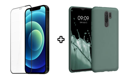 Set Husa Silicon plus Folie din silicon transparenta compatibila cu Xiaomi Redmi 9, verde inchis, protectie 360