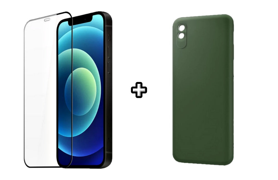 Set Husa Silicon plus Folie din silicon transparenta compatibila cu Xiaomi Redmi 9A, verde inchis, protectie 360