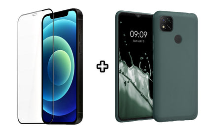 Set Husa Silicon plus Folie din silicon transparenta compatibila cu Xiaomi Redmi 9C, verde inchis, protectie 360