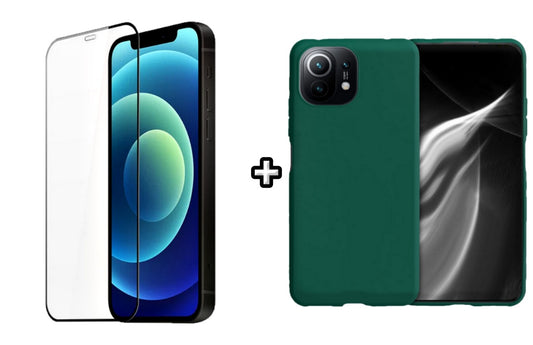 Set Husa Silicon plus Folie din silicon transparenta compatibila cu Xiaomi Mi 11 Lite, verde inchis, protectie 360