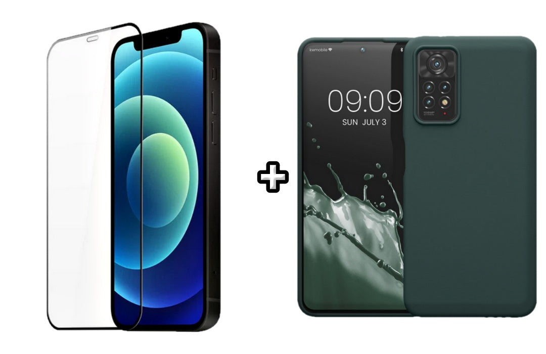 Set Husa Silicon plus Folie din silicon transparenta compatibila cu Xiaomi Redmi Note 11, verde inchis, protectie 360