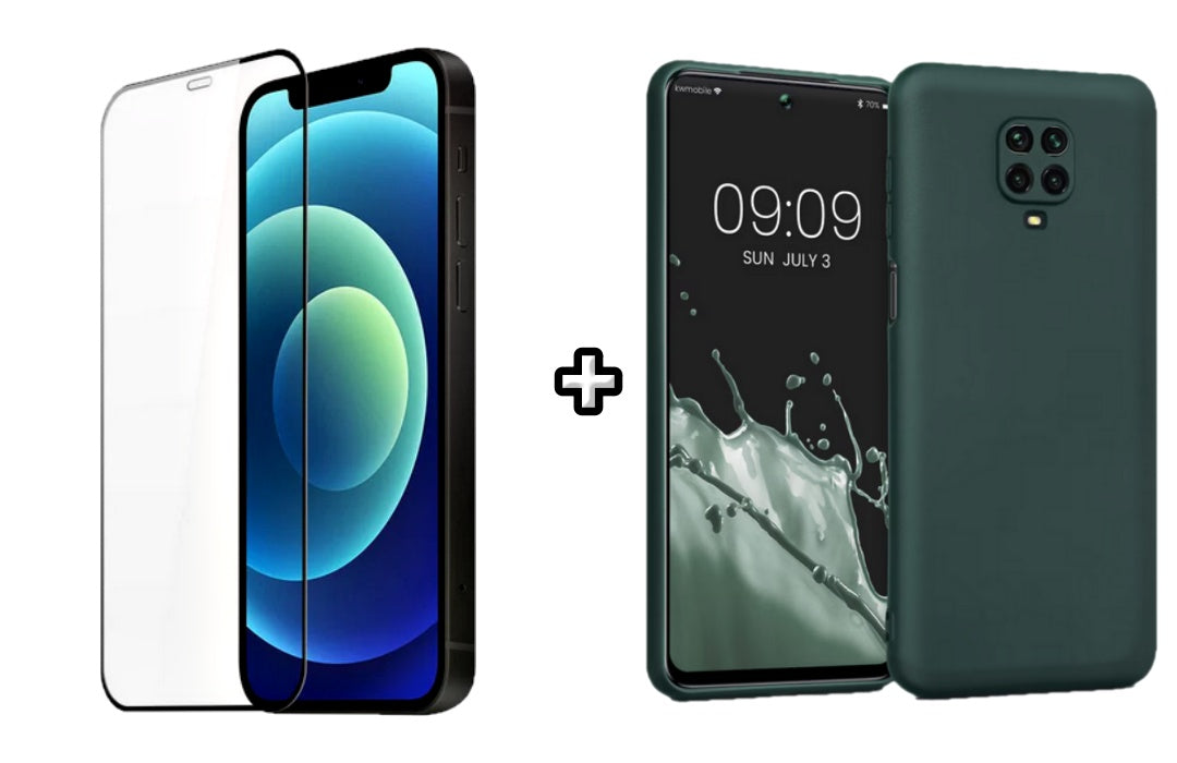 Set Husa Silicon plus Folie din silicon transparenta compatibila cu Xiaomi Redmi Note 9s, verde inchis, protectie 360