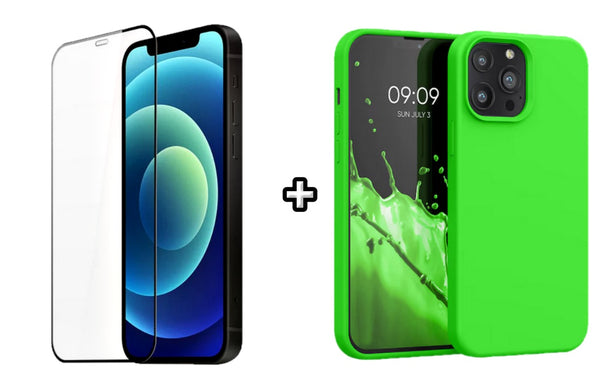 Set Husa Silicon plus Folie din silicon transparenta compatibila cu Apple iPhone 16 Pro Max, verde neon, protectie 360