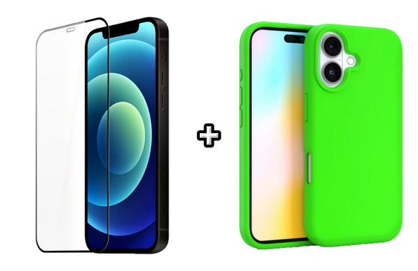 Set Husa Silicon plus Folie din silicon transparenta compatibila cu Apple iPhone 16 Plus, verde neon, protectie 360