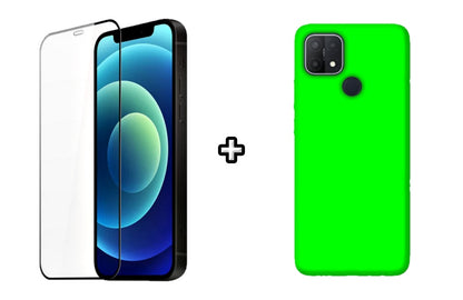 Set Husa Silicon plus Folie din silicon transparenta compatibila cu OPPO A15, verde neon, protectie 360