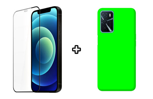 Set Husa Silicon plus Folie din silicon transparenta compatibila cu OPPO A16, verde neon, protectie 360