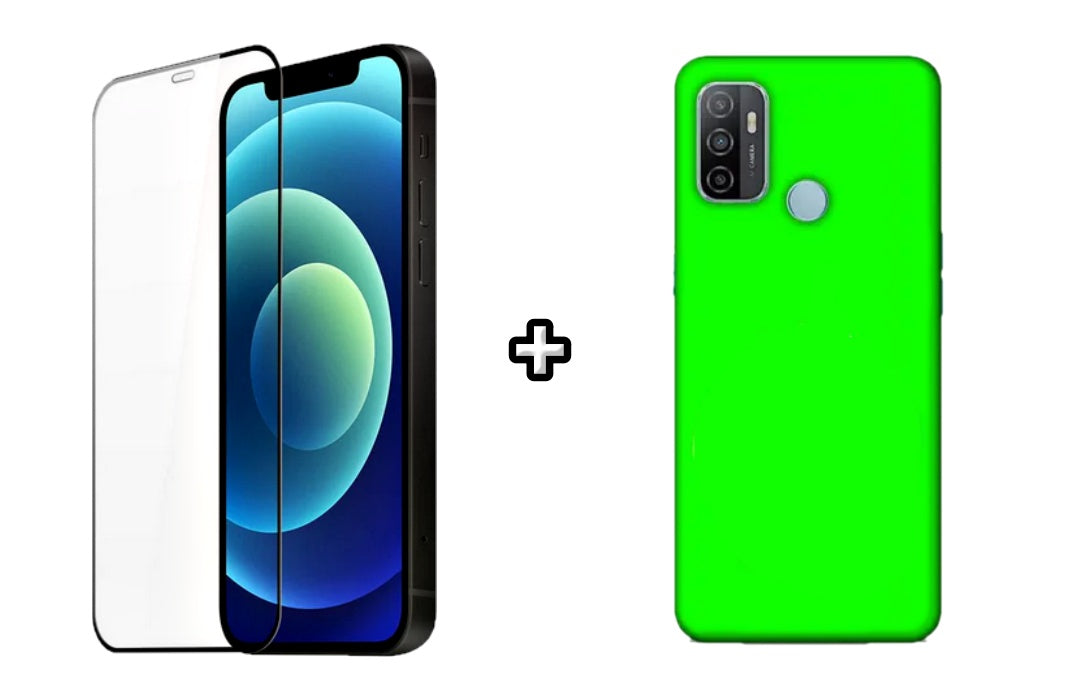 Set Husa Silicon plus Folie din silicon transparenta compatibila cu OPPO A53, verde neon, protectie 360
