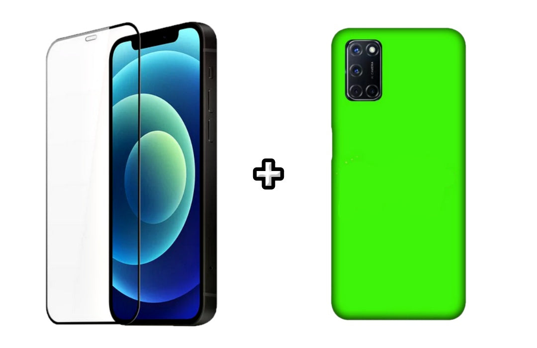 Set Husa Silicon plus Folie din silicon transparenta compatibila cu OPPO A52, verde neon, protectie 360